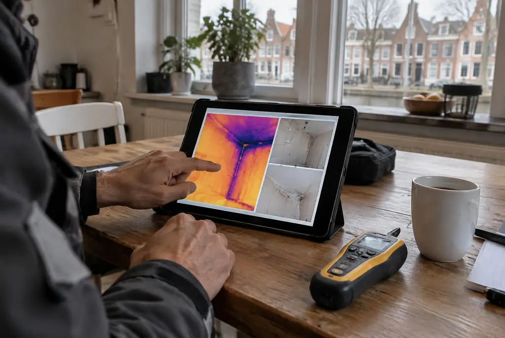 Lekdetectie Zandvoort – lekdetectierapport met warmtebeelden en foto's op een tablet
