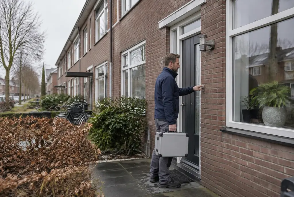 Lekdetectiespecialist met meetkoffer bij de voordeur van een woning in Zandvoort